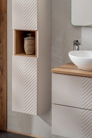 Zestaw mebli łazienkowych Viva beżowy / dąb coast evoke stylowe szafki z ciekawym frezowaniem w kształcie jodełki modna kolorystyka