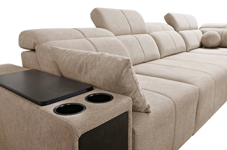 Narożnik z funkcją spania Tesalia XI brązowy prawostronny nowoczesny narożnik z komfortowym przesuwanym oparciem i pojemną szufladą