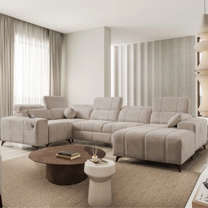 Narożnik z funkcją spania Penejos IV ciemny beżowy prawostronny narożnik rozkładany z dwoma pojemnikami na pościel trwała tkanina