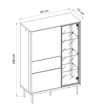 Witryna Epiro 99 cm beżowy / dąb ciemny gustowna witryna szklana z szufladą i klimatycznym oświetleniem ledowym