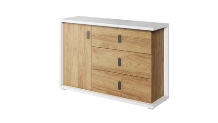 Zestaw mebli Simi biały / hikora naturalna nowoczesne meble o ciekawym designie solidne wykonanie nietuzinkowe metalowe uchwyty