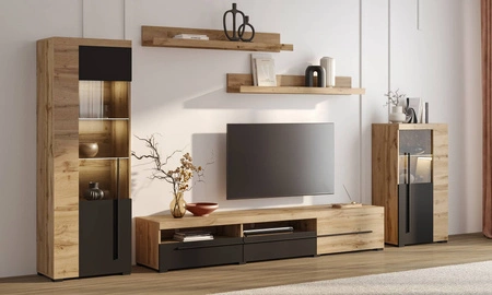 Meblościanka Roger dąb wotan / czarny gustowna stylistyka mebli wzbogacona o stylowe czarne dodatki idealna meblościanka do pokoju dziennego