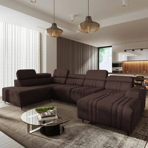 Narożnik z funkcją spania Castel VI brązowy prawostronny wygodny i elegancki narożnik z dwoma pojemnikami na pościel