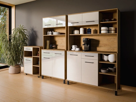 Zestaw mebli kuchennych Vento 270 cm dąb lancelot / biały połysk zestaw z szafką na kółkach idealne do aranżacji małego aneksu kuchennego