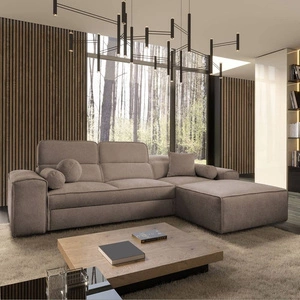 Narożnik z funkcją spania Viano jasny brąz prawostronny stylowy narożnik o ciekawym kształcie regulowane zagłówki ozdobne poduszki