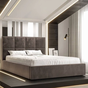 Łóżko tapicerowane Aresa 180x200 z pojemnikiem jasny brąz w nowoczesnym skandynawskim stylu z wygodnym zagłówkiem