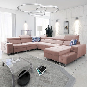 Narożnik z funkcją spania Hampton VIII kwarcowy róż prawostronny nowoczesny design narożnik rozkładany do salonu funkcjonalna dostawka