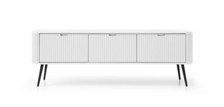 Szafka RTV Zoya 168 cm biała nowoczesny design bryła osadzona na metalowych nogach ryflowany front charakterystyczny owalny kształt