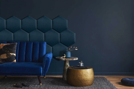 Panel tapicerowany Heksagon 30x26 cm granatowy stylowy panel ścienny welurowa tkanina modna dekoracja każdego wnętrza