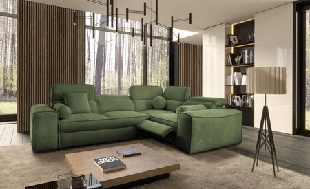 Narożnik z funkcją spania Viano II Lux zielony prawostronny designerski narożnik do salonu z komfortowym wysuwanym podnóżkiem