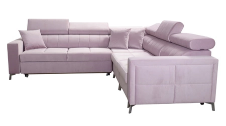 Narożnik z funkcją spania Nausa IV pudrowy róż prawostronny velvet dekoracyjne przeszycia na siedzisku narożnik z pojemnikami na pościel