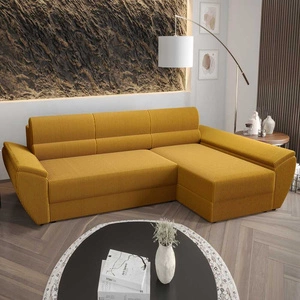 Narożnik z funkcją spania Fogu III miodowy prawostronny stylowy narożnik z podłokietnikami i pojemnikiem na pościel sztruksowa tkanina