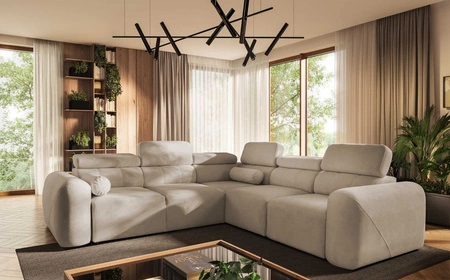 Narożnik z funkcją spania Cantare III beżowy prawostronny komfortowy i stylowy narożnik do salonu dwa pojemniki na pościel