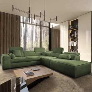 Narożnik z funkcją spania Viano IX zielony prawostronny stylowy narożnik z pojemnikami na pościel idealny mebel do dużego salonu