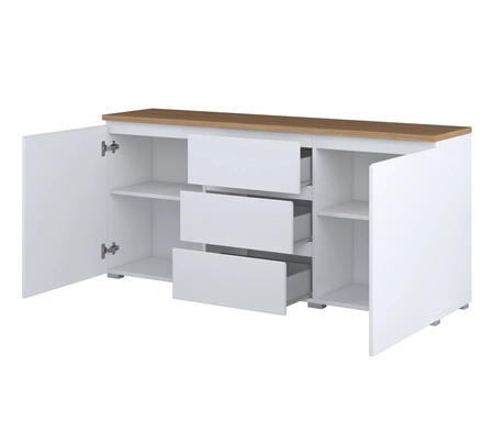 Komoda z szufladami Modo 150 cm biała / dąb mauvella prosta forma w nowoczesnym wydaniu idealna komoda do salonu lub sypialni frezowany uchwyt