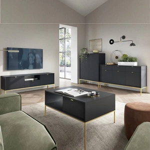 Zestaw mebli Lovro czarny nowoczesny design meblościanka wzbogacona złotymi metalowymi dodatkami meble do salonu lub pokoju dziennego