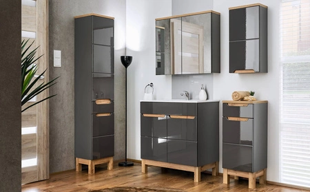 Szafka pod umywalkę Bali 80 cm szary połysk / dąb wotan nowoczesna szafka do łazienki osadzona na stabilnych nogach oryginalny design