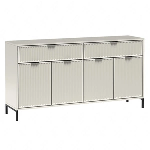 Komoda z szufladami Linka 165 cm beżowa elegancki design geometrczny kształt bryły osadzony na metalowych nogach gustowny ryflowany front