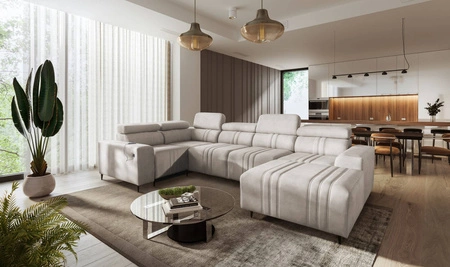 Narożnik z funkcją spania Castel IV beżowy prawostronny stylowy narożnik z pojemnikami na pościel i regulowanymi zagłówkami