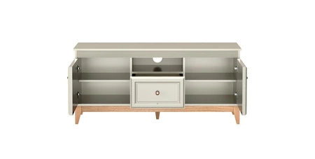 Szafka RTV Windsor 136 cm beżowy / dąb modna szafka z szufladą ozdobne frezowane listwy na frontach drewniane nogi metalowe uchwyty