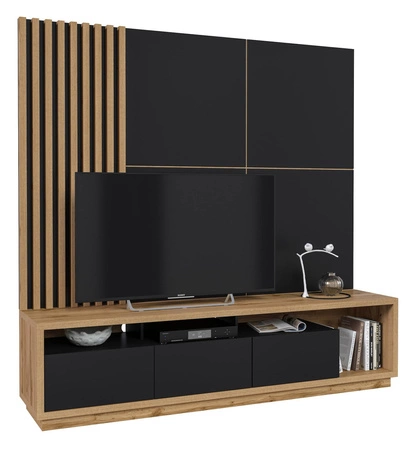 Panel ścienny dekoracyjny z lamelami Celine 55 cm dąb wotan / czarny nowoczesny design stylowe wykończenie salonu