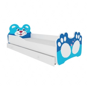Łóżko Bear 70x140 cm biały / niebieski małe łóżko z materacem i szufladą na pościel w kształcie misia z uroczym nadrukiem niedźwiadka