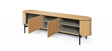 Szafka RTV Rotto 200 cm dąb vincenza stylowa szafka pod telewizor w modnym stylu zaoblone krawędzie kontrastujące czarne dodatki