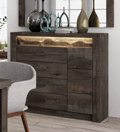 Komoda z szufladami Indiana 108 cm jesion ciemny elegancka stylistyka komody ozdobna deska na froncie komody oświetlona LED