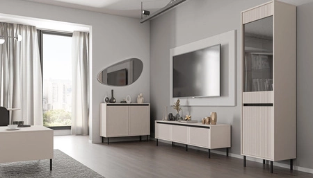 Witryna Osaka 56 cm beżowa / czarna elegancka witryna do salonu o minimalistycznym designie gustowny ryflowany front szkło hartowane