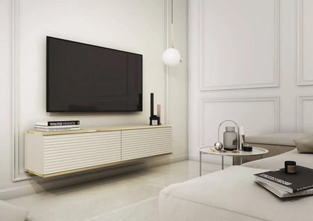 Szafka RTV wisząca Luxury 135 cm beżowa stylowy ryflowany front korpus zwieńczony złotą listwą zachwyci miłośników eleganckich aranżacji
