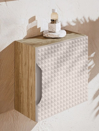 Zestaw mebli łazienkowych Luxor dąb olejowany / beżowy designerskie szafki łazienkowe oryginalne trójwymiarowe ryflowania na frontach