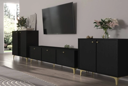 Meblościanka Kioto I czarny grafit stylowy design mebli do salonu elegancka meblościanka wsparta na metalowej złotej podstawie