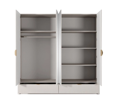 Zestaw mebli do sypialni Lante beżowy stylowe meble o nowoczesnym designie ryflowane fronty oryginalny zaoblony kształt brył