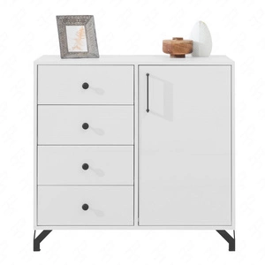 Komoda z szufladami Skien 90 cm biały połysk elegancka stylistyka prosta forma mebla wzbogacona o stylowe metalowe elementy czarne nogi