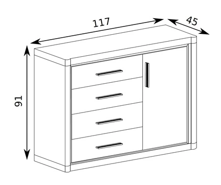 Komoda z szufladami Dallas 117 cm dąb sonoma / czarny elegancka stylistyka mebla wzbogacona o stylowe czarne dodatki