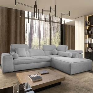 Narożnik z funkcją spania Viano VII jasny szary prawostronny modny i stylowy narożnik z regulowanymi zagłówkami ozdobne poduszki