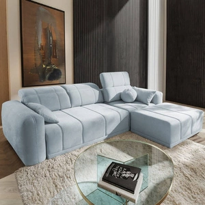 Narożnik z funkcją spania Cetara błękitny prawostronny stylowy design komfortowe przesuwane oparcia regulowane zagłówki