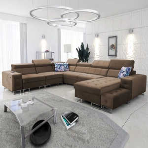 Narożnik z funkcją spania Hampton VIII jasny brąz prawostronny nowoczesny design narożnik rozkładany do salonu funkcjonalna dostawka