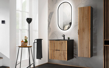 Szafka pod umywalkę Xilo 60 cm czarny / dąb wotan designerska szafka z szufladami w stylu nowoczesnym dekoracyjne pionowe ryflowanie