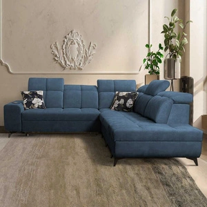 Narożnik z funkcją spania Buffalo IX niebieski prawostronny stylowy narożnik do pokoju wykonany z welurowej tkaniny ozdobne poduszki