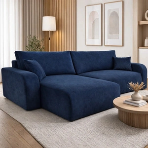 Narożnik z funkcją spania Fiesta XL granatowy uniwersalny w ustawieniu narożnik z pojemnikiem na pościel wytrzymała pluszowa tkanina