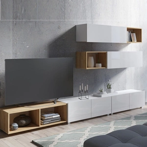 Meblościanka Apulia XXV biały połysk / dąb złoty wyjątkowo stylowa meblościanka proste bryły wpisujące się w każde wnętrze