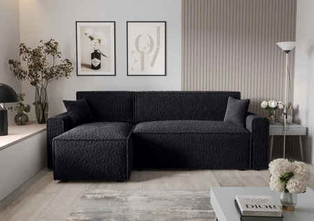 Narożnik z funkcją spania Brandon Bis czarny lewostronny miękka tkanina o charakterystycznej pętelkowej powierzchni pojemnik na pościel