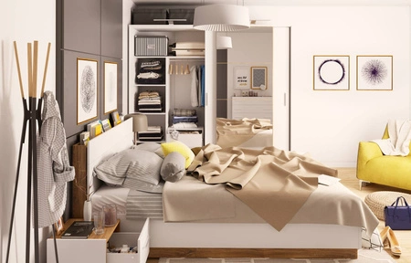 Szafka nocna Dentro biały / dąb stirling lewa elegancka i stylowa szafka z szufladą do sypialni z delikatnie obniżonym blatem