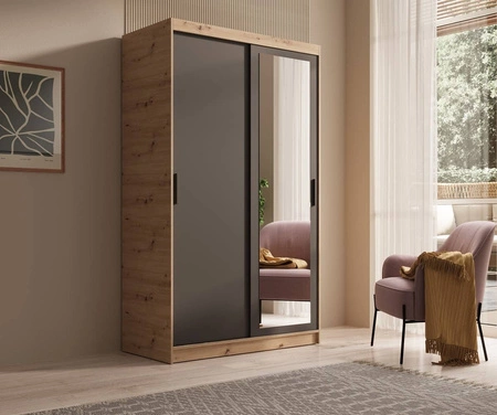 Szafa przesuwna z lustrem Hailey 120 cm dąb artisan / czarny minimalistyczna forma szafa idealnie wpasuje się do każdego wnętrza