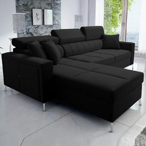 Narożnik z funkcją spania Nausa czarny lewostronny velvet stylowy komfortowy narożnik regulowane zagłówki pojemnik na pościel