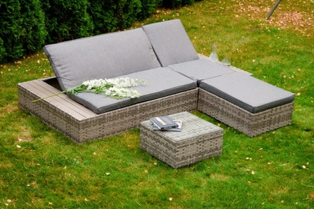 Sofa ogrodowa Diabolico szara elegancki charakter oryginalna forma wielofunkcyjny regulowany mebel ogrodowy wykonany z technorattanu