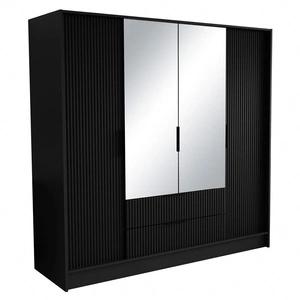 Szafa z lustrem Norel 200 cm czarna stylowa szafa o nowoczesnym designie z ryflowanymi frontami i pojemnymi szufladami
