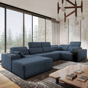 Narożnik z funkcją spania Tesalia IV niebieski lewostronny komfortowy narożnik do salonu z innowacyjną funkcją przesuwanego oparcia