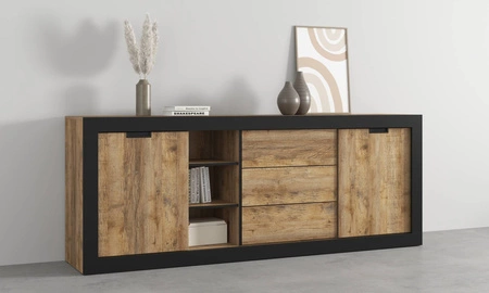 Komoda z szufladami Tudor 220 cm dąb samdal / czarny z drzwiami przesuwnymi idealna do wnętrz w stylu industrialnym bezuchwytowy system push to open